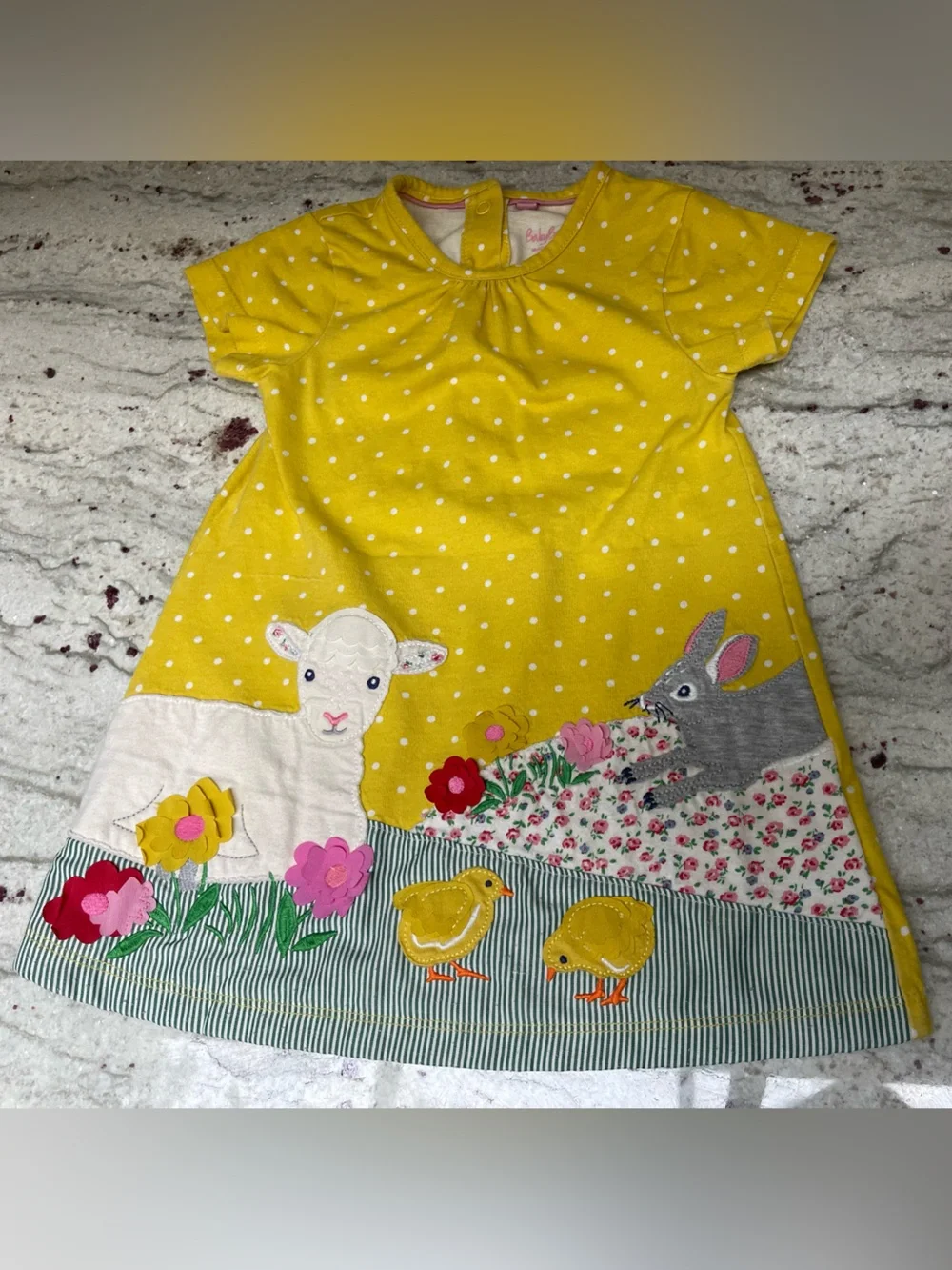 Baby Boden Yellow Polka Dot Farm Animal Appliqué Dress Sheep Chicks Bunny 18-24m